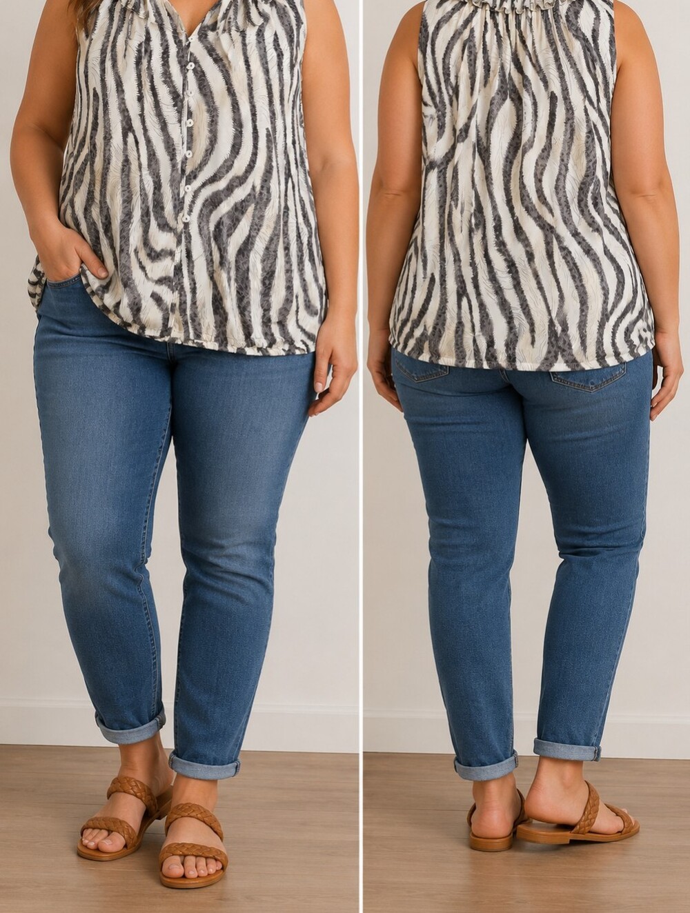 Quintessential Sleeveless Zebra-Print Button Front Blouse Black & White Size XL
